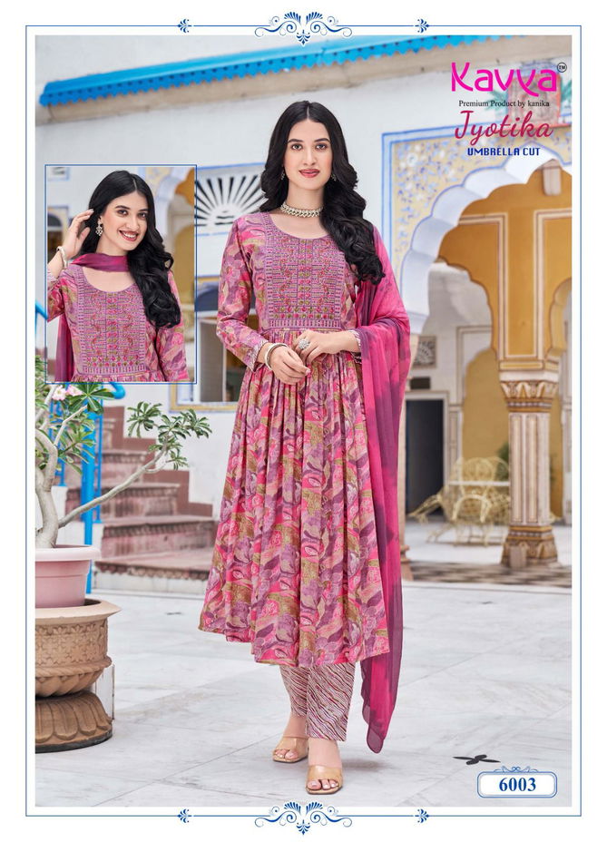 Jyotika Vol 6 By Kavya Capsule Foil Printed Embroidery Kurti With Bottom Dupatta Wholesalers In Mumbai
